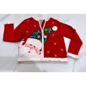 Vtg Heirloom Collectibles Christmas Sweater Santa Zip Up Sweater Candy Cane 8/10